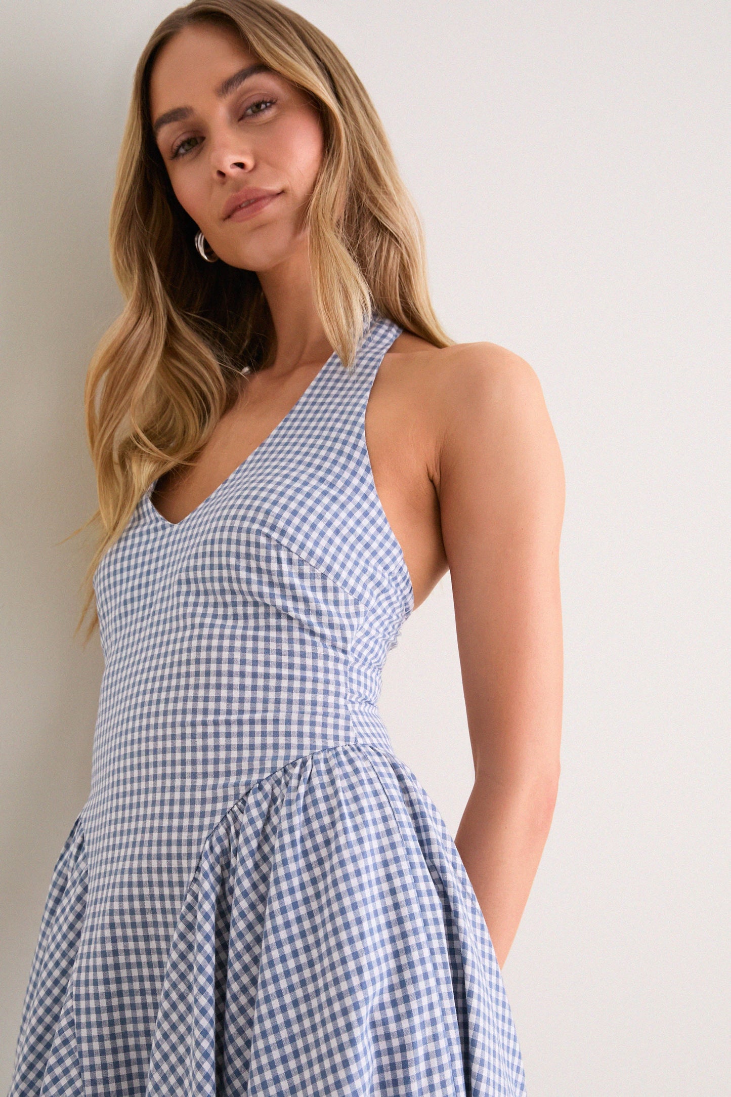 Blue Gingham Meana Halter Midi Dress