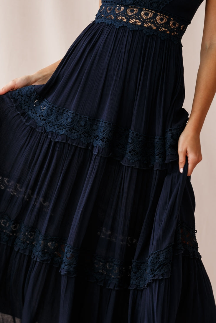 Indio Crochet Insert Deep V-Neckline Maxi Dress Navy
