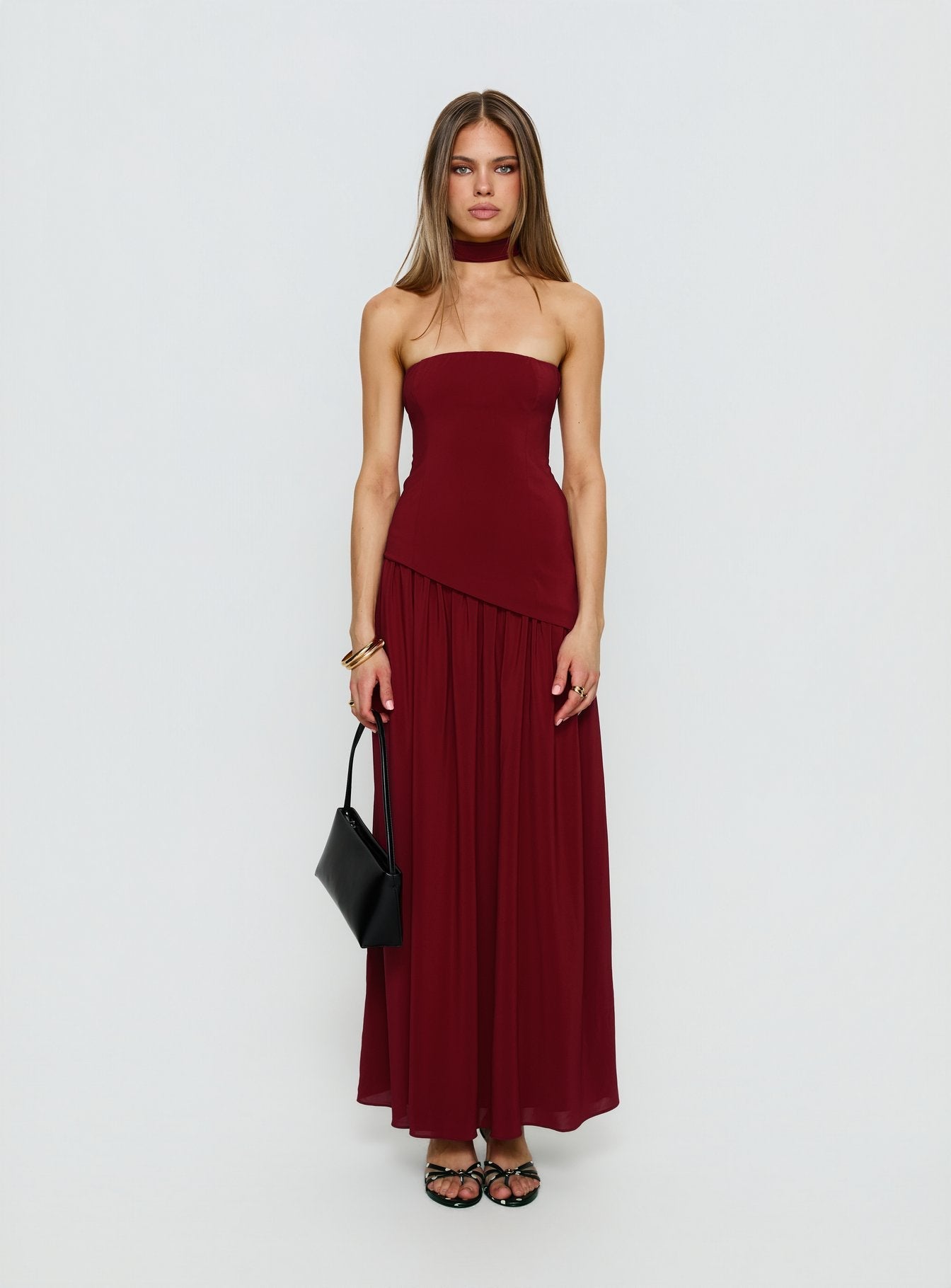 Odela Strapless Scarf Drop Waist Maxi Dress Cherry