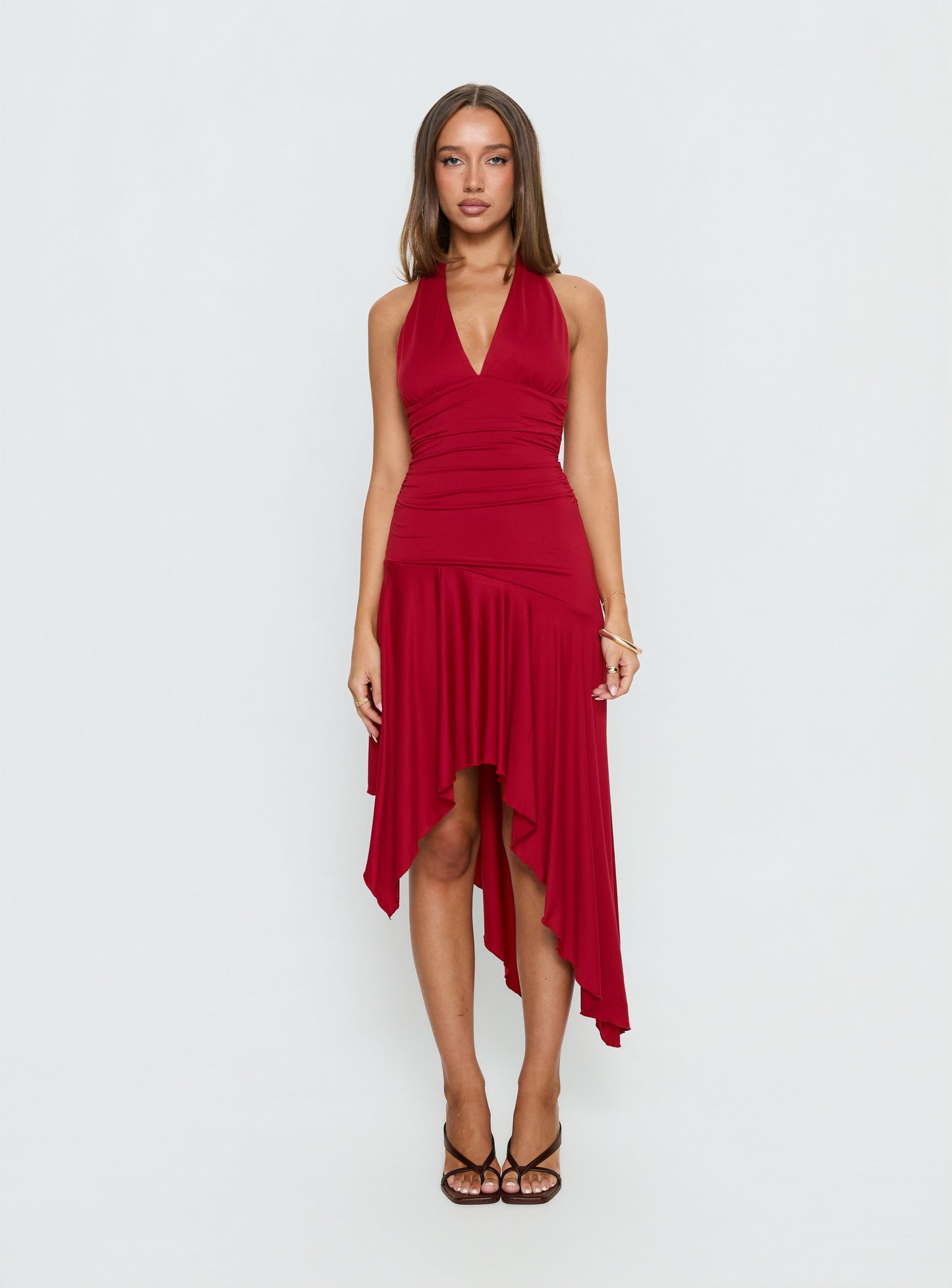Emara Halter Asymmetrical Midi Dress Red