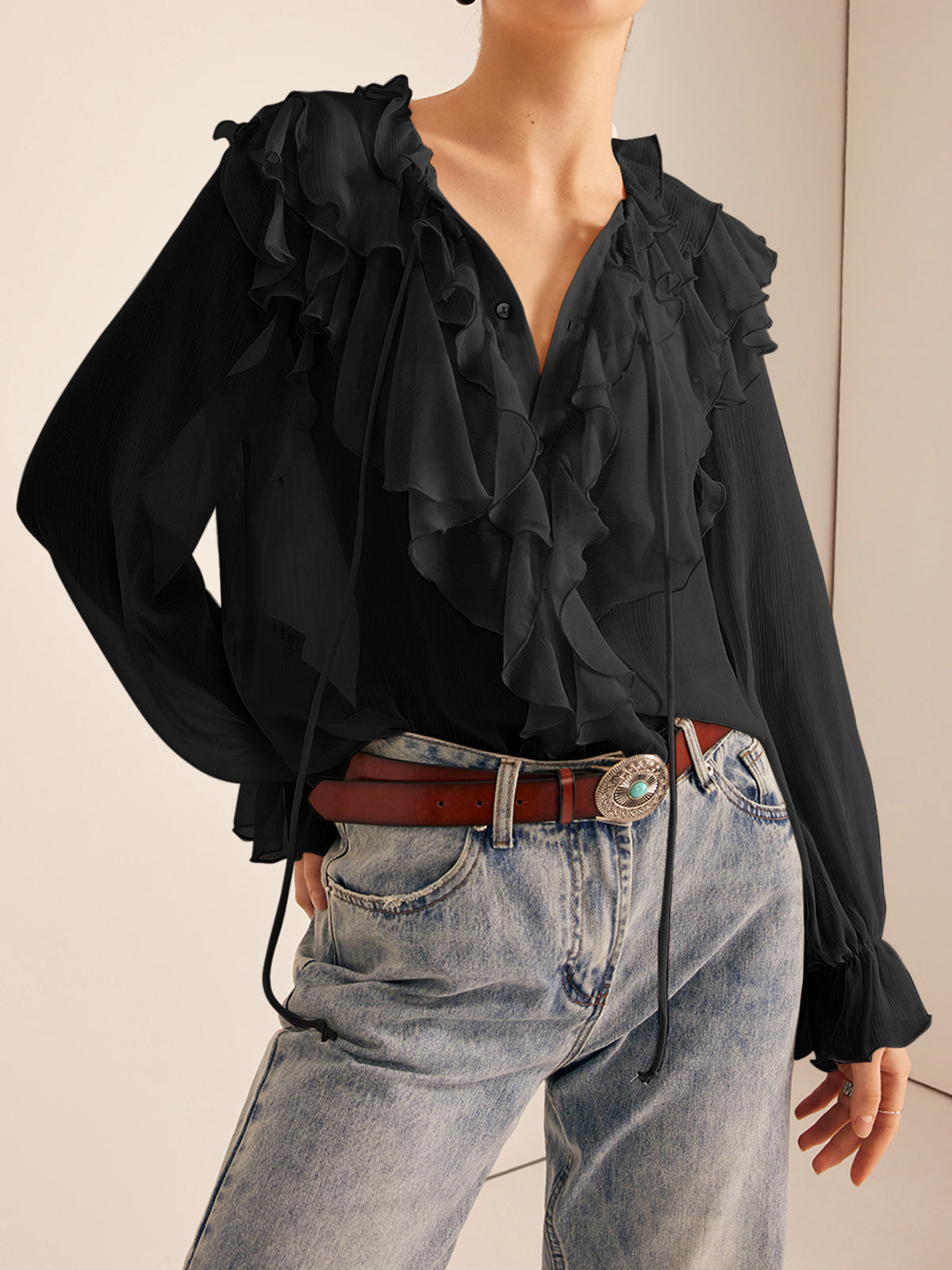 Semi-Sheer Ruffle Chiffon Breasted Blouse