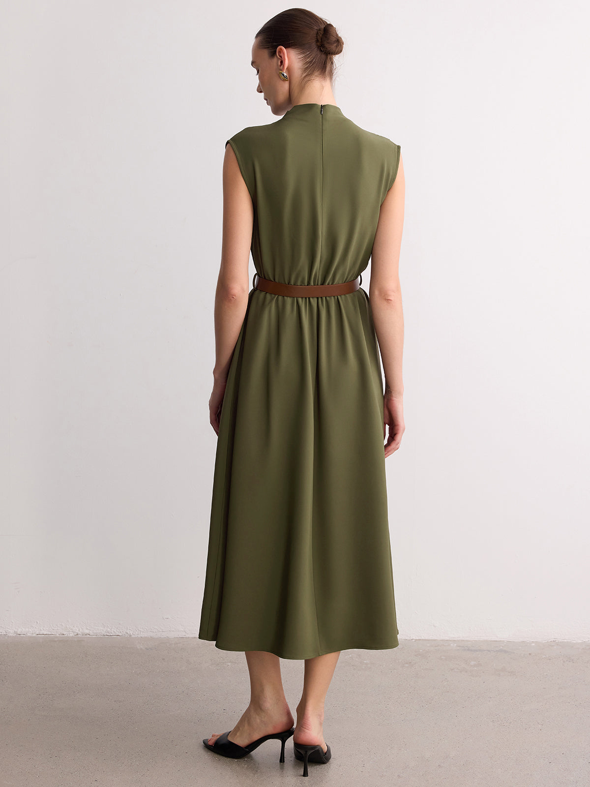 Sleeveless Mock Neck Belted Maxi Dress