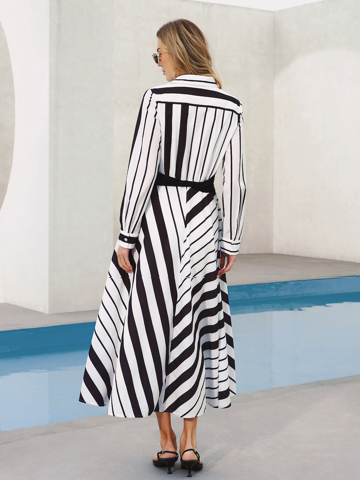 Striped Belted Shirt Midi Dress