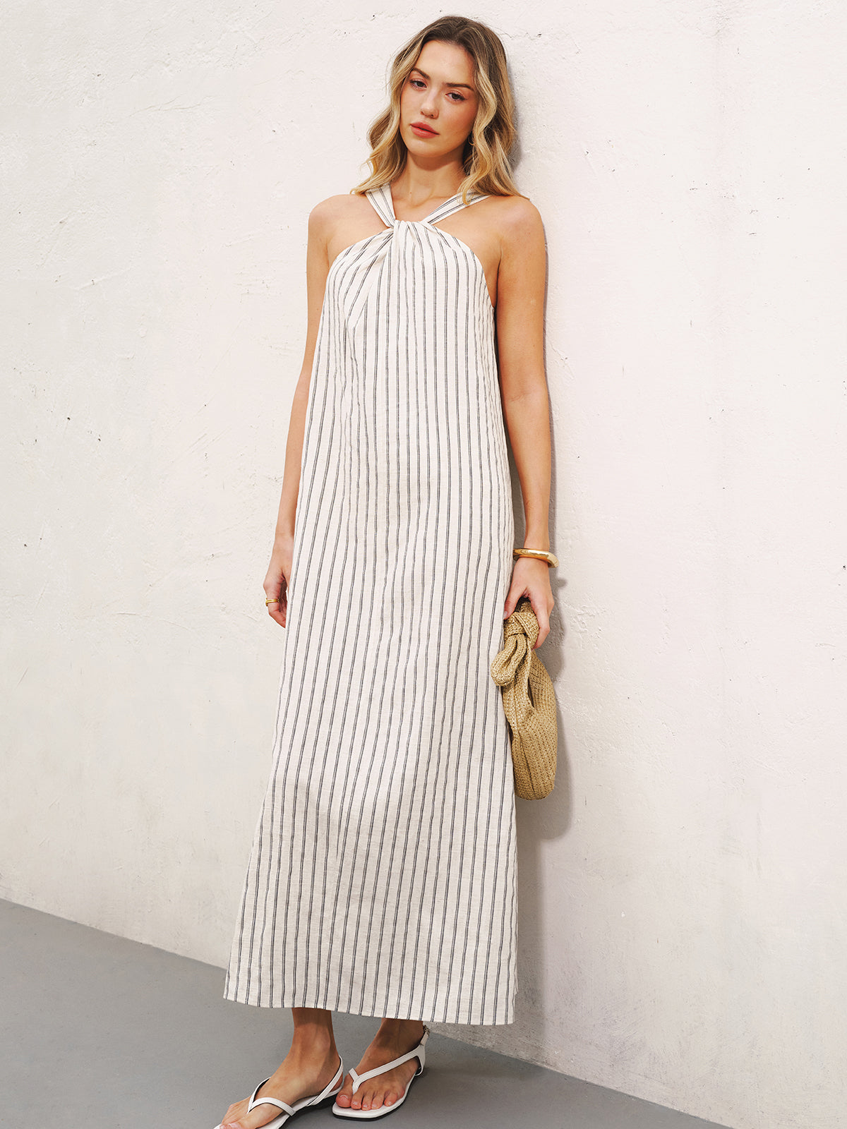 Halter Striped Cotton-Linen Maxi Dress