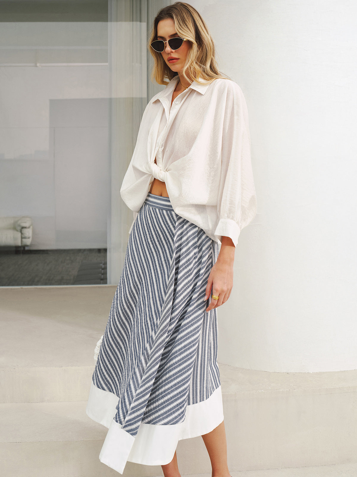 Pocket Detail Striped Midi Skirt