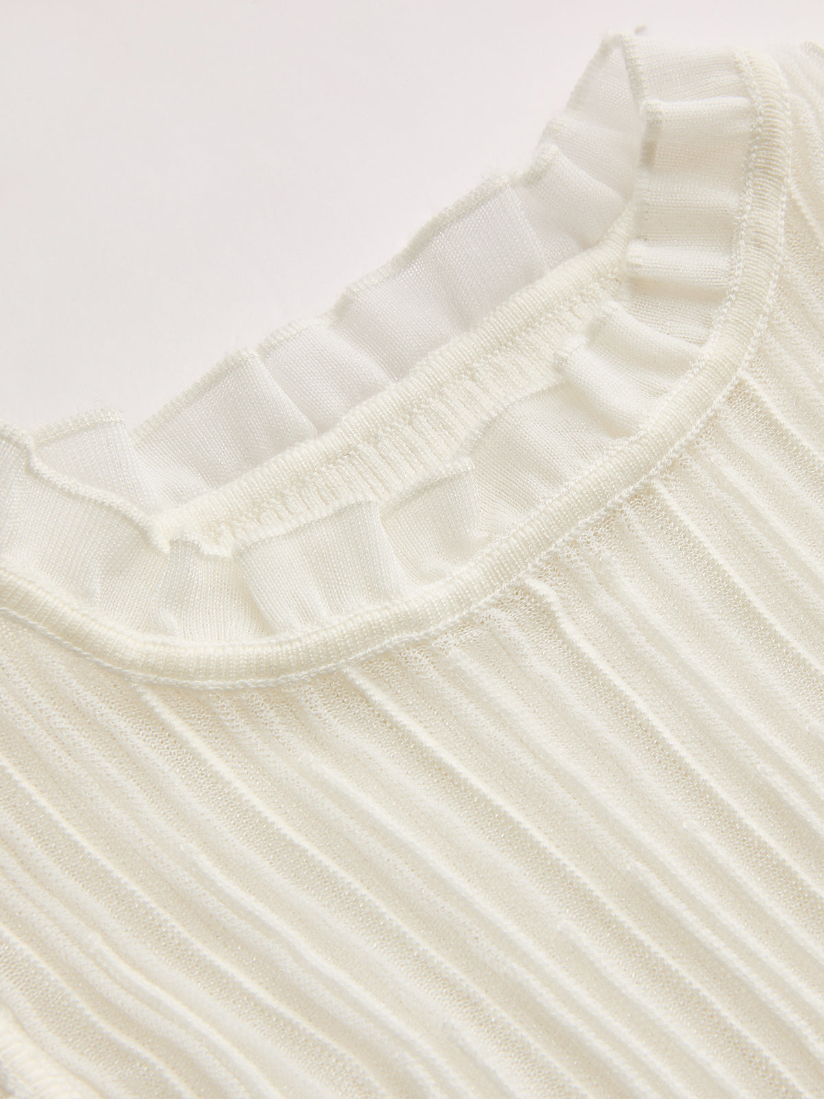 Ruffled Wool Blend Sheer Ribbed Knit Top
