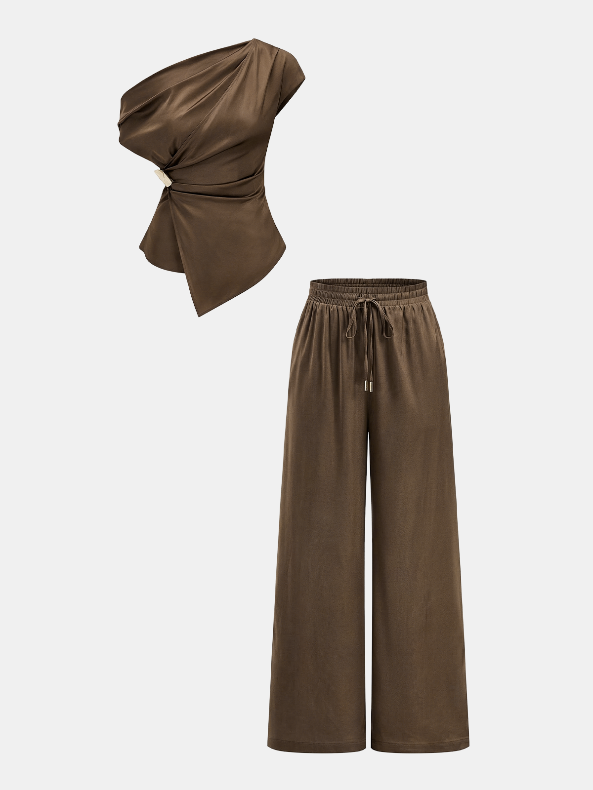 Satin One-Shoulder Top & Drawstring Pants Set