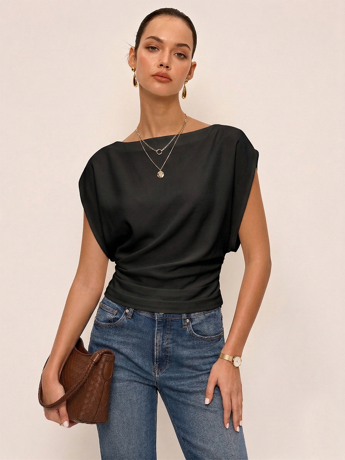 Ruched Cinched Waist Boat Neck Blouse