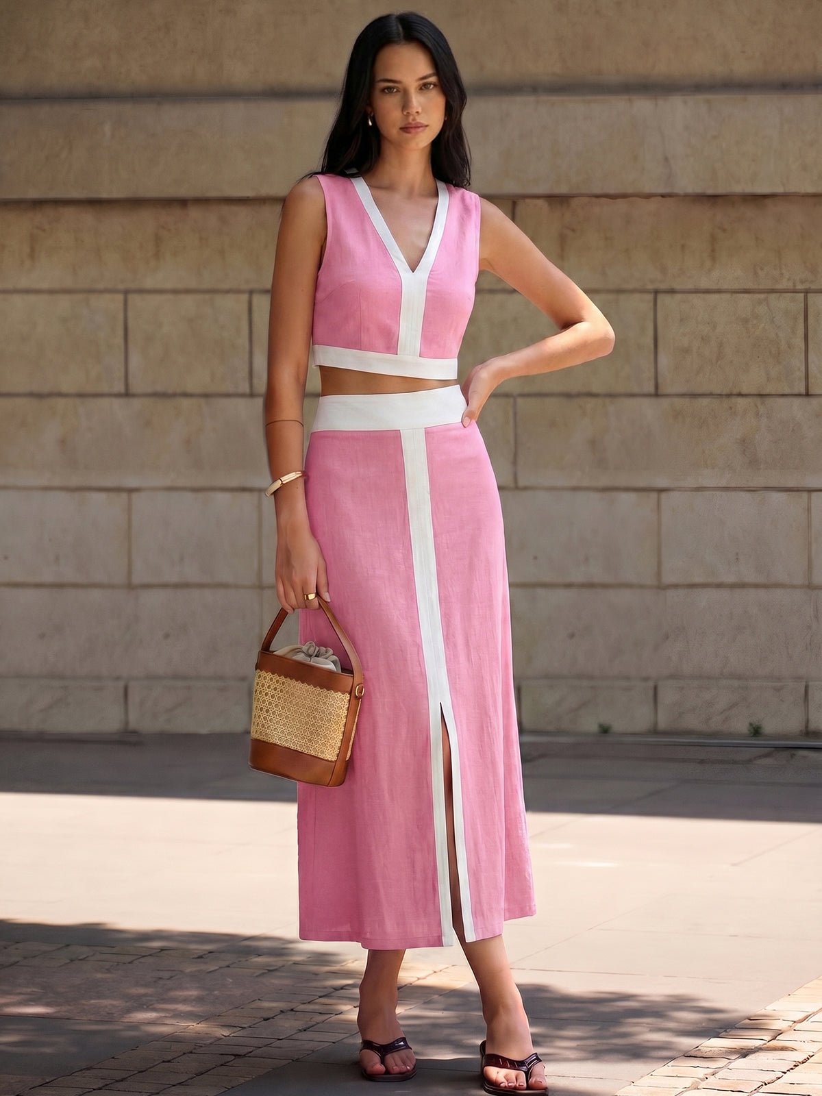 Contrast Trim Crop Top & Slit Midi Skirt Set