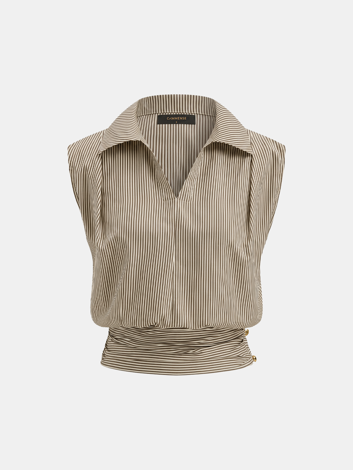 Striped Collared Sleeveless Cinched Blouse