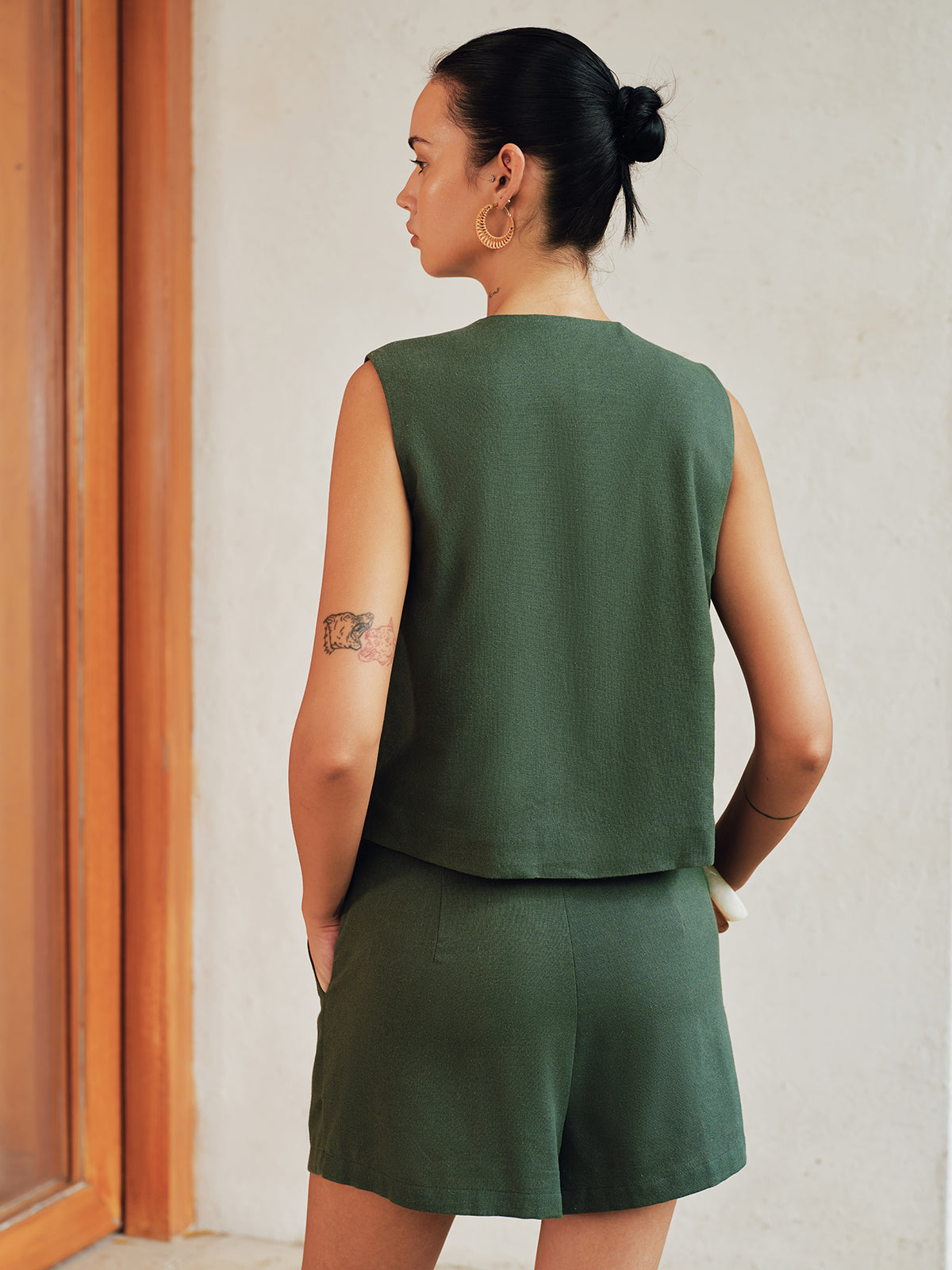 Cotton Linen Vest & Pleated Shorts Set