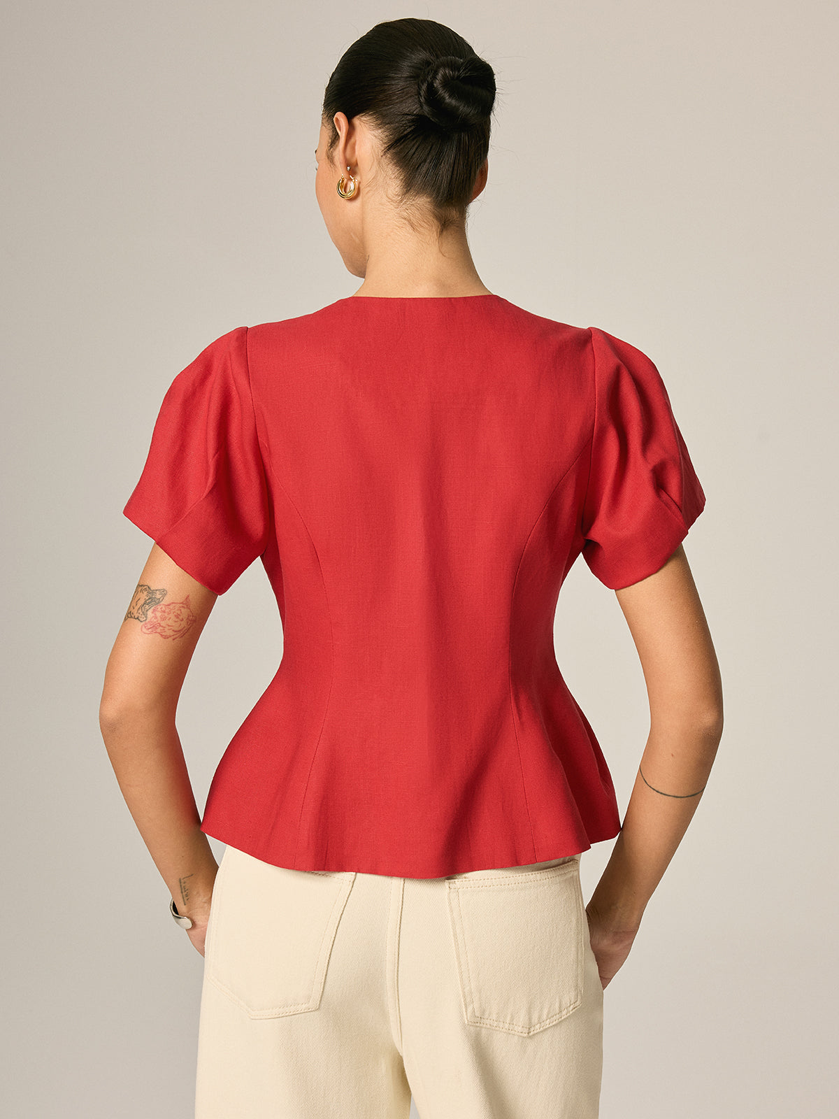 Puff Sleeve Fitted Linen Blend Blouse