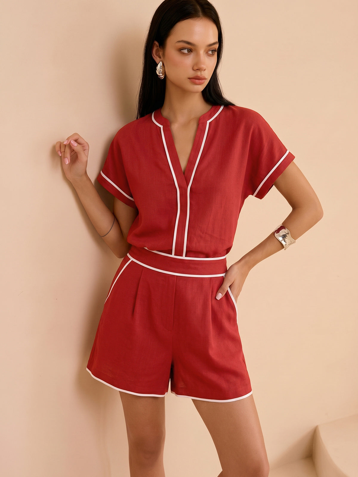 Cotton Linen Contrast Trim Top & Shorts Set