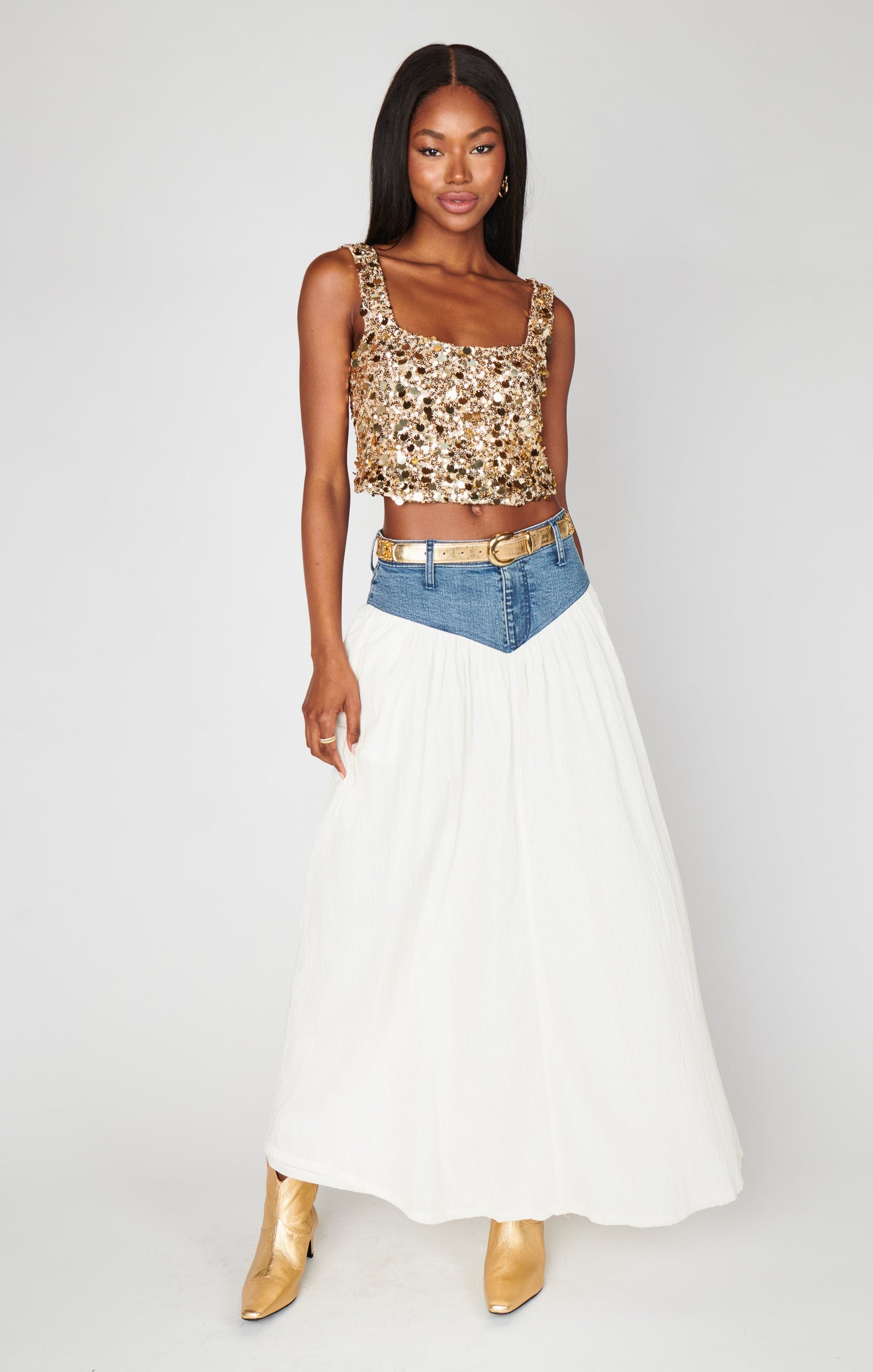 Joni Maxi Skirt ~ Denim with Cream Voile