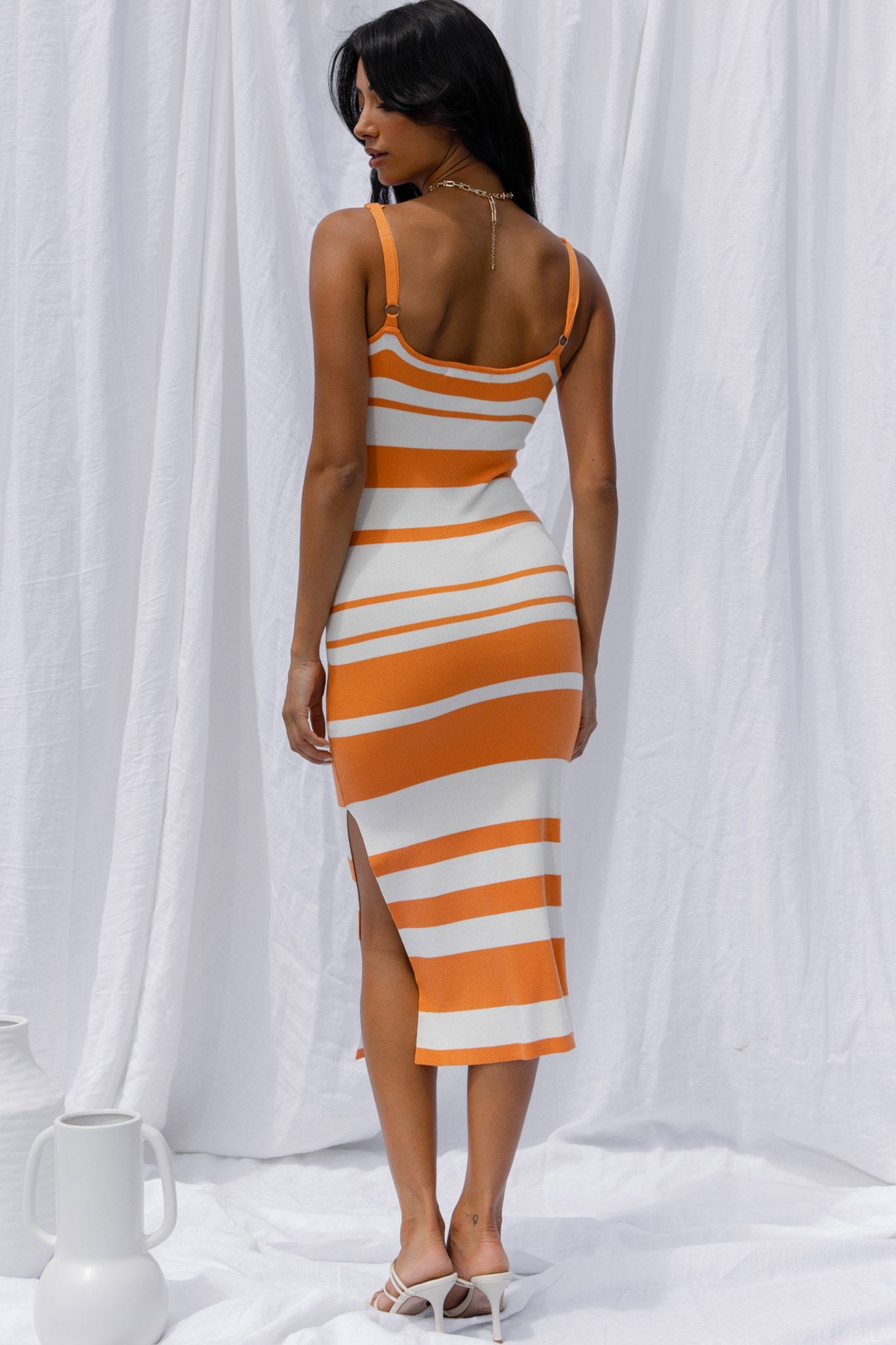 Dayana Cut-Out Waist Side Split Knit Midi Dress Striped Orange