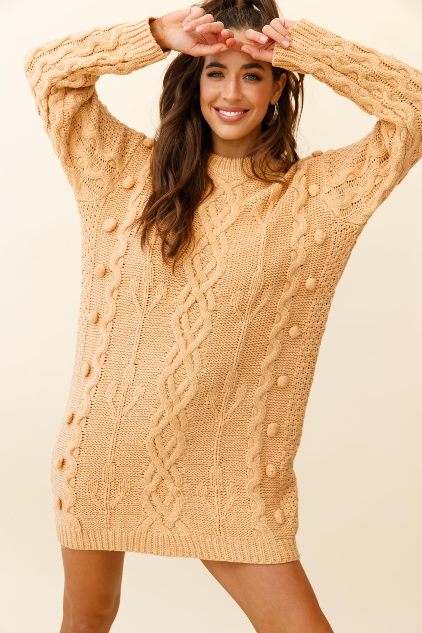 Snowstorm Pom Pom Detail Knit Sweater Dress Mustard