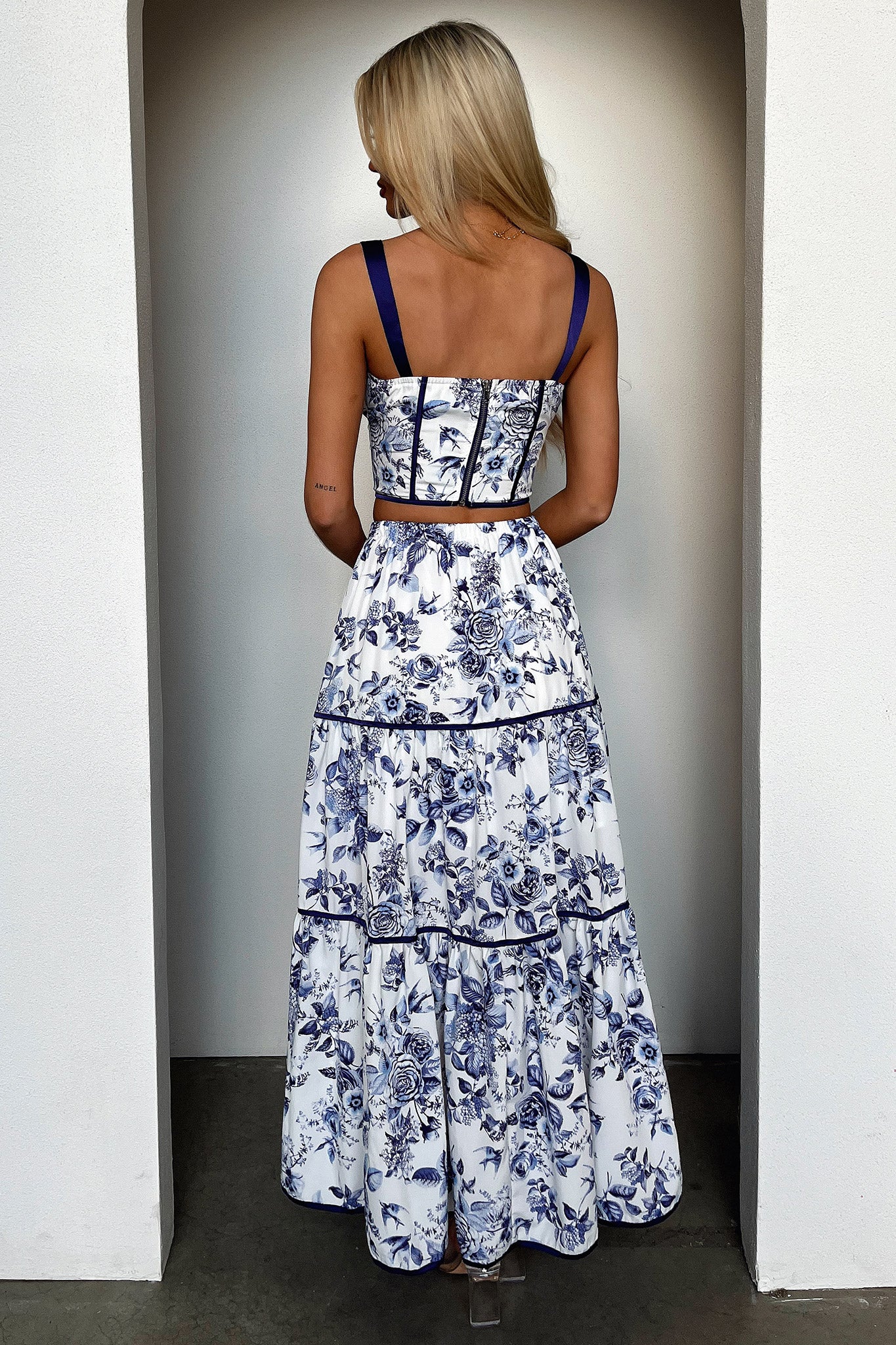 Joy Tiered Maxi Skirt - Blue Floral