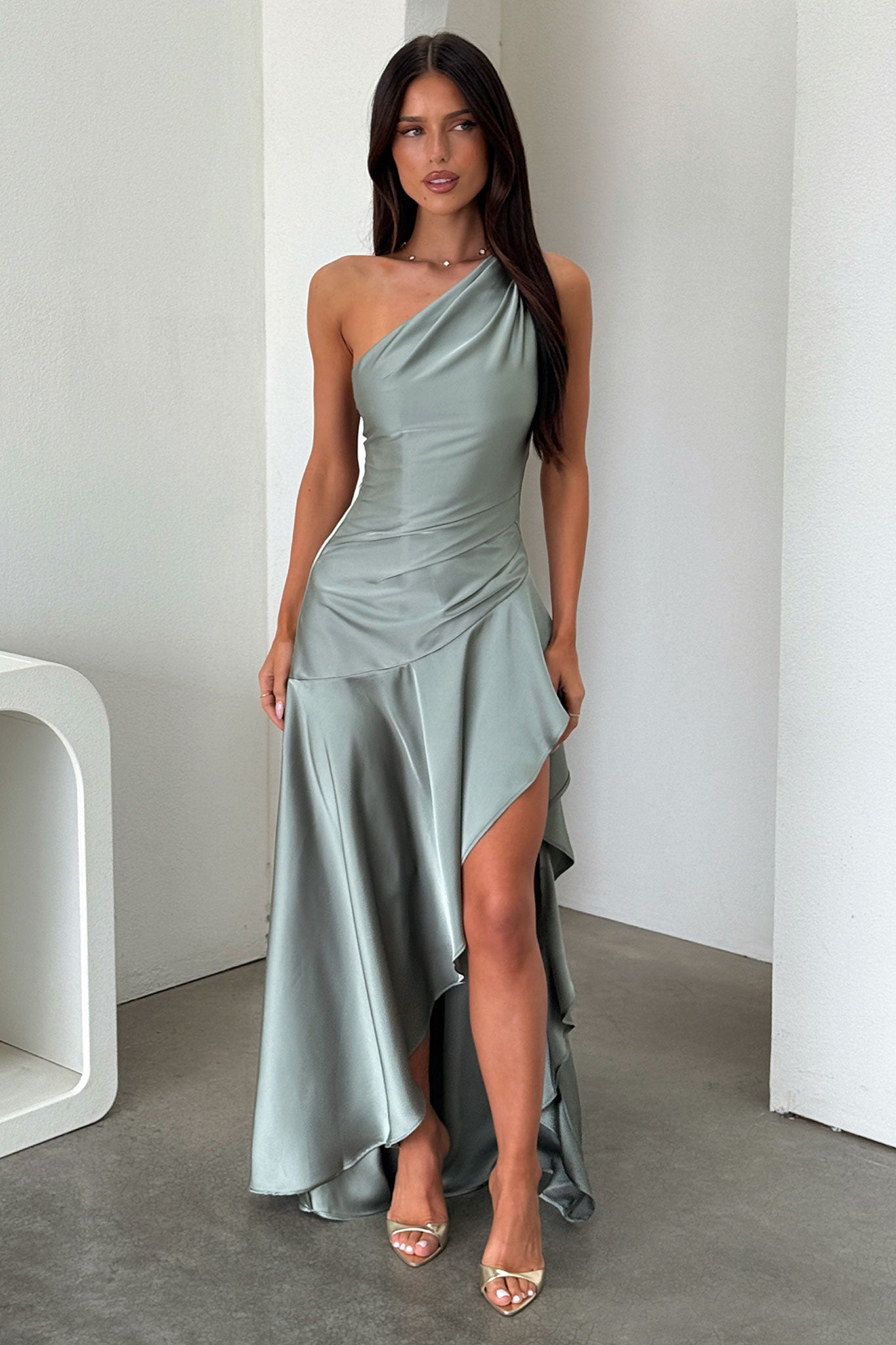 Leni One Shoulder Satin Maxi Dress - Olive