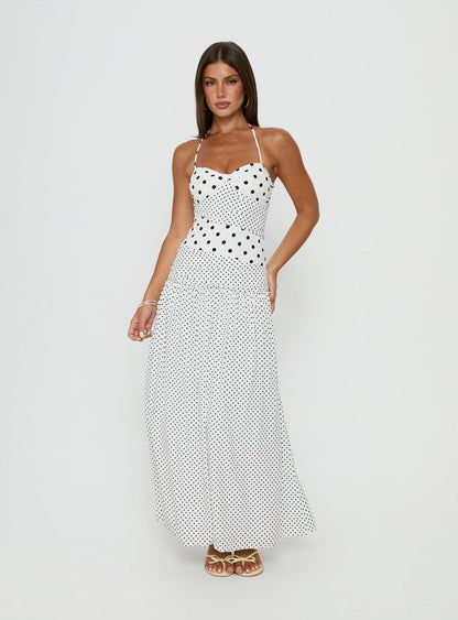Marguerite Halter Maxi Dress White Polka Petite