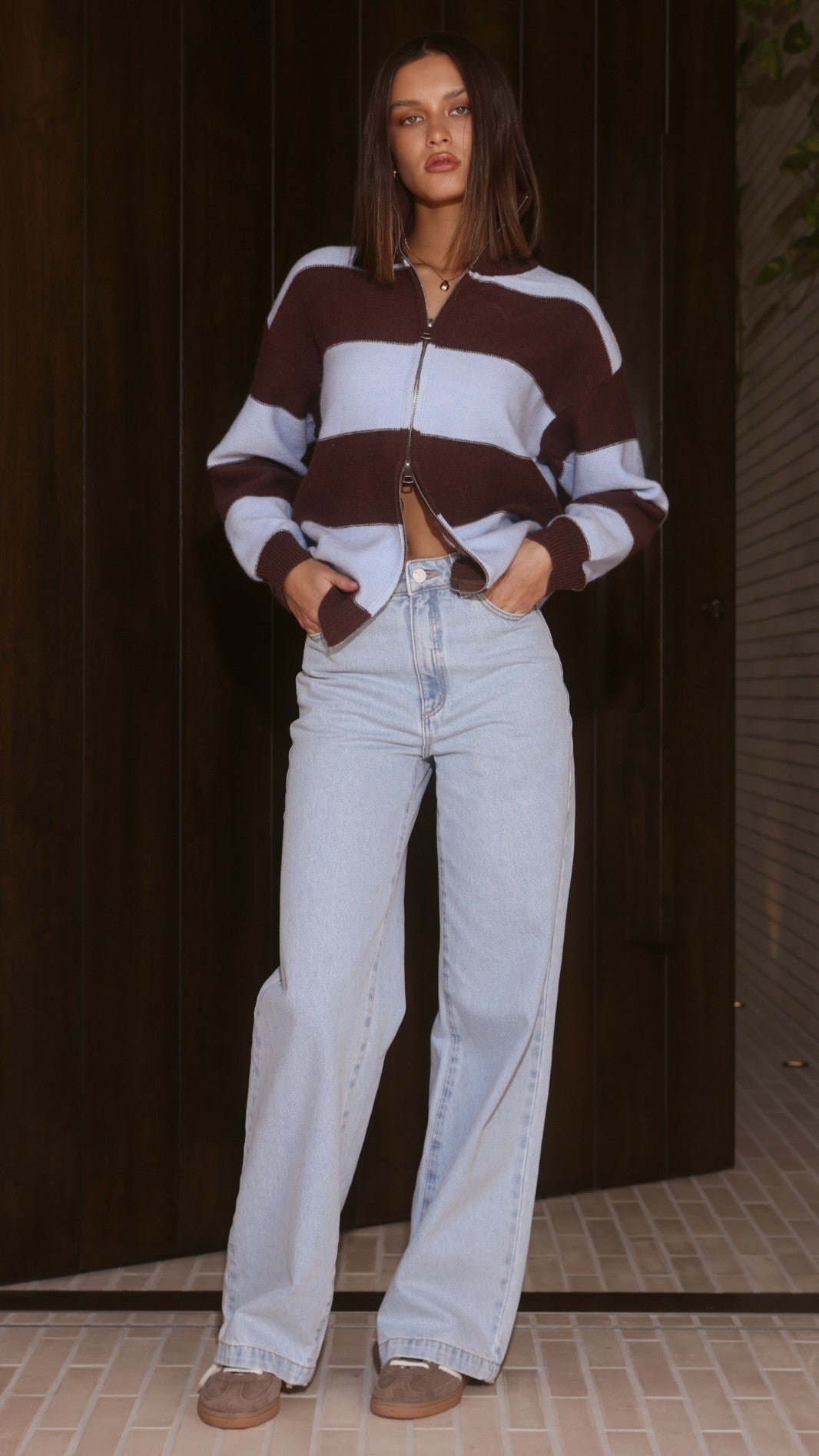 Tyla Zip-Up Sweater - Brown/Blue Stripe
