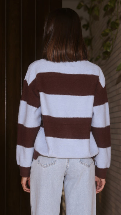 Tyla Zip-Up Sweater - Brown/Blue Stripe