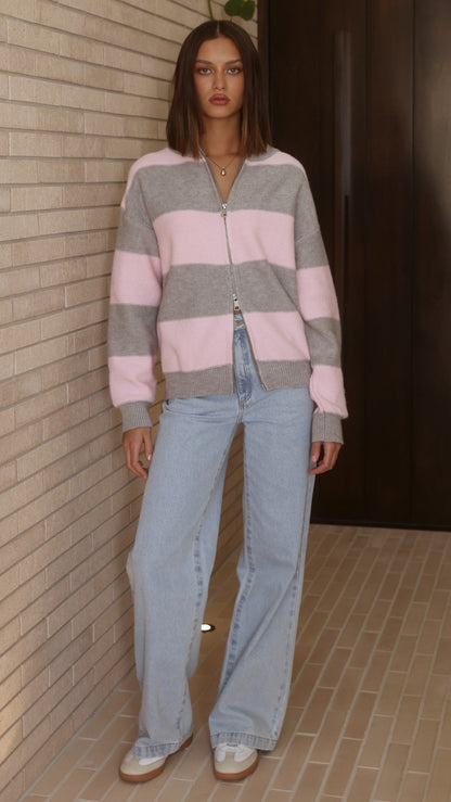 Tyla Zip-Up Sweater - Pink/Grey Stripe