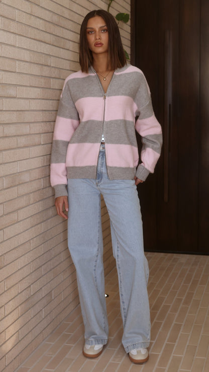 Tyla Zip-Up Sweater - Pink/Grey Stripe