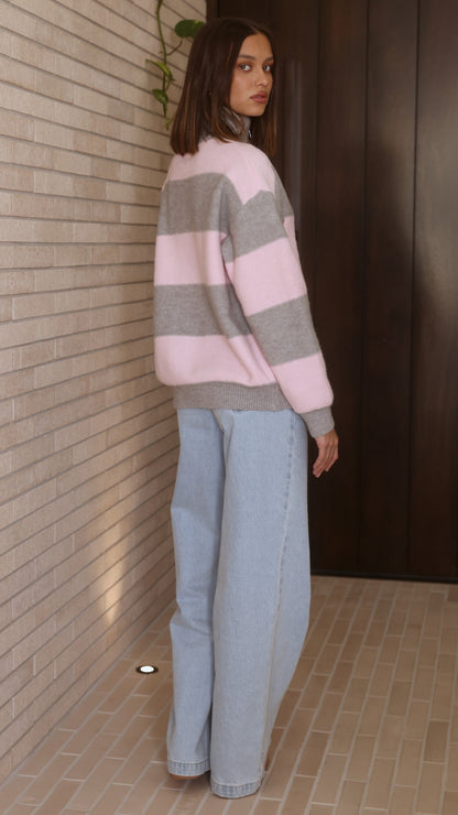 Tyla Zip-Up Sweater - Pink/Grey Stripe