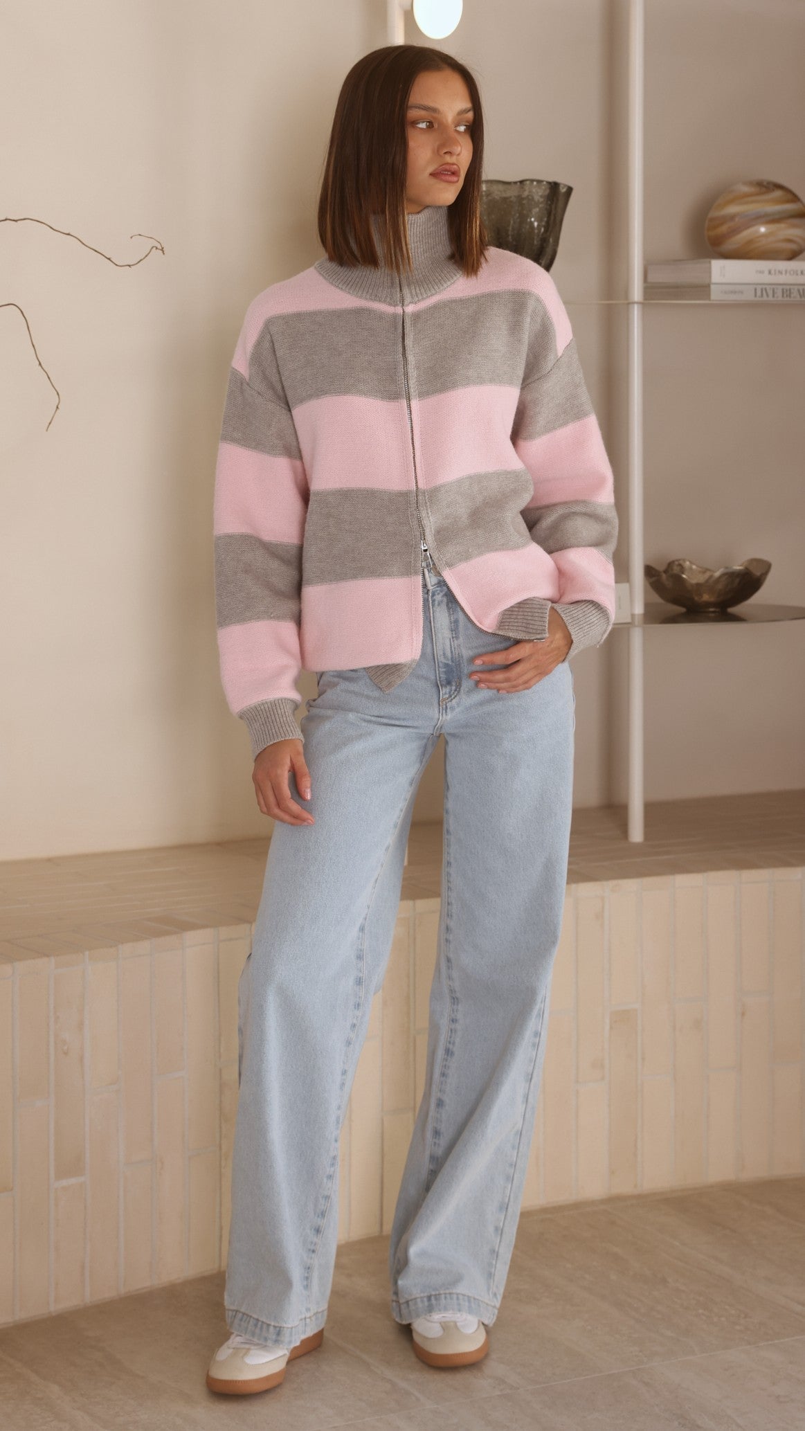Tyla Zip-Up Sweater - Pink/Grey Stripe