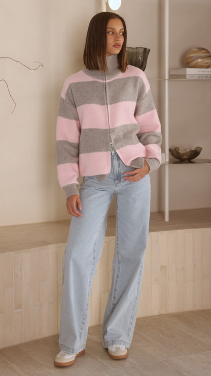 Tyla Zip-Up Sweater - Pink/Grey Stripe