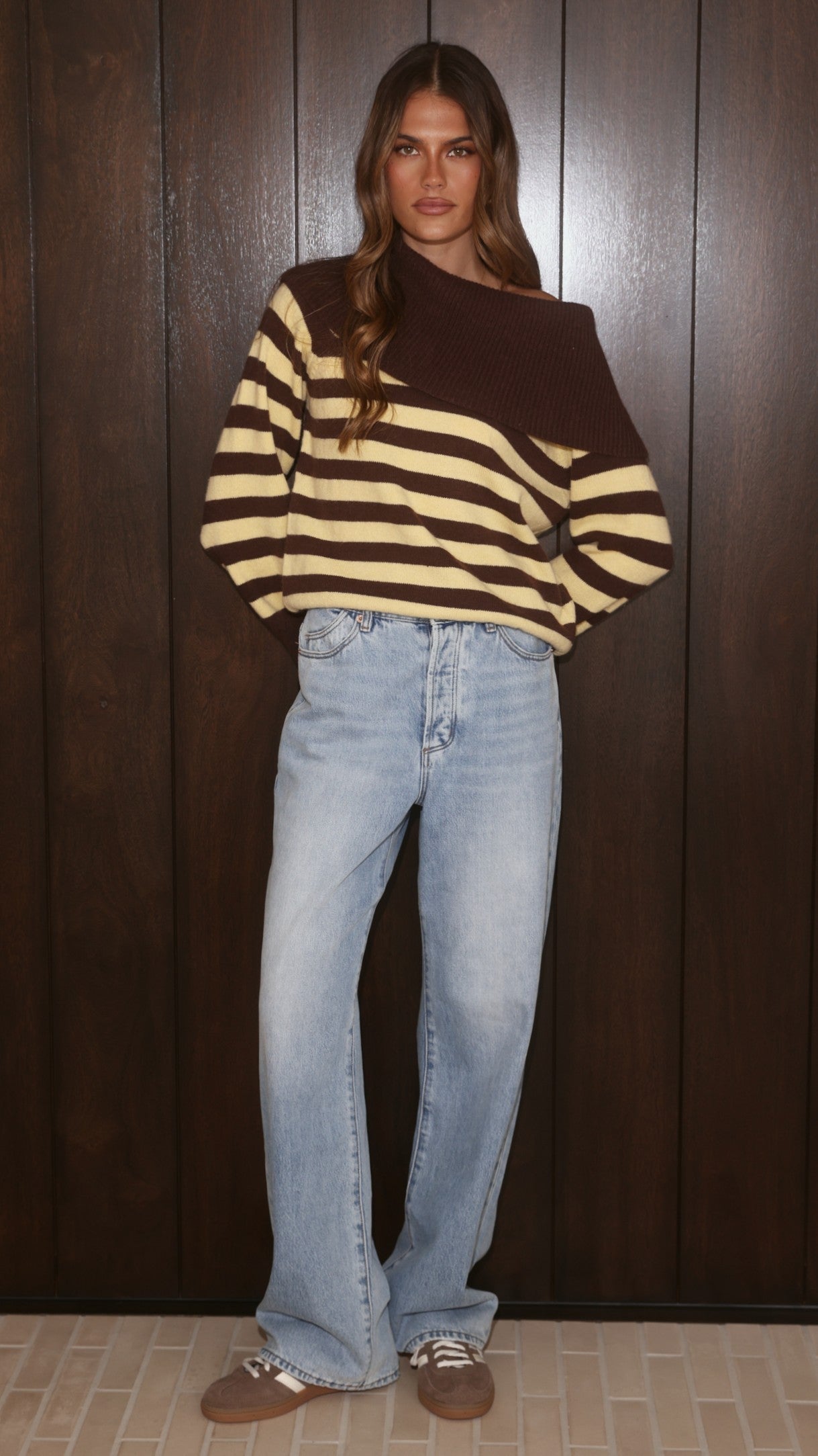 Henna Off Shoulder Knit Sweater - Yellow/Chocolate Stripe