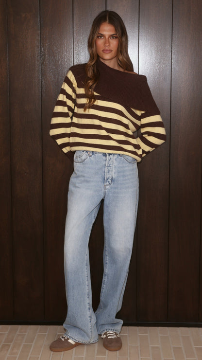 Henna Off Shoulder Knit Sweater - Yellow/Chocolate Stripe