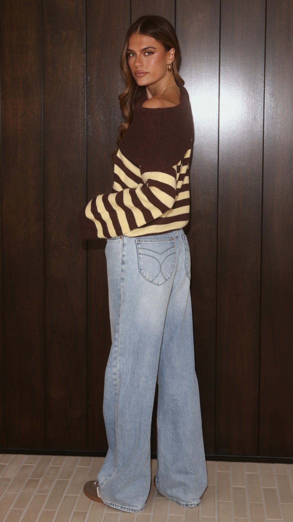 Henna Off Shoulder Knit Sweater - Yellow/Chocolate Stripe