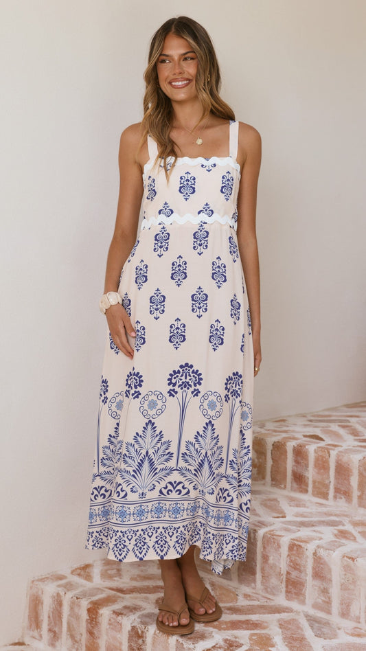 Myah Maxi Dress - Cream/Blue