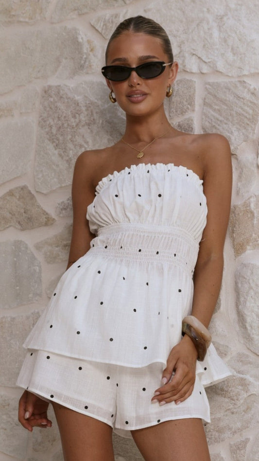 Ziva Strapless Top and Shorts Set - White Polka