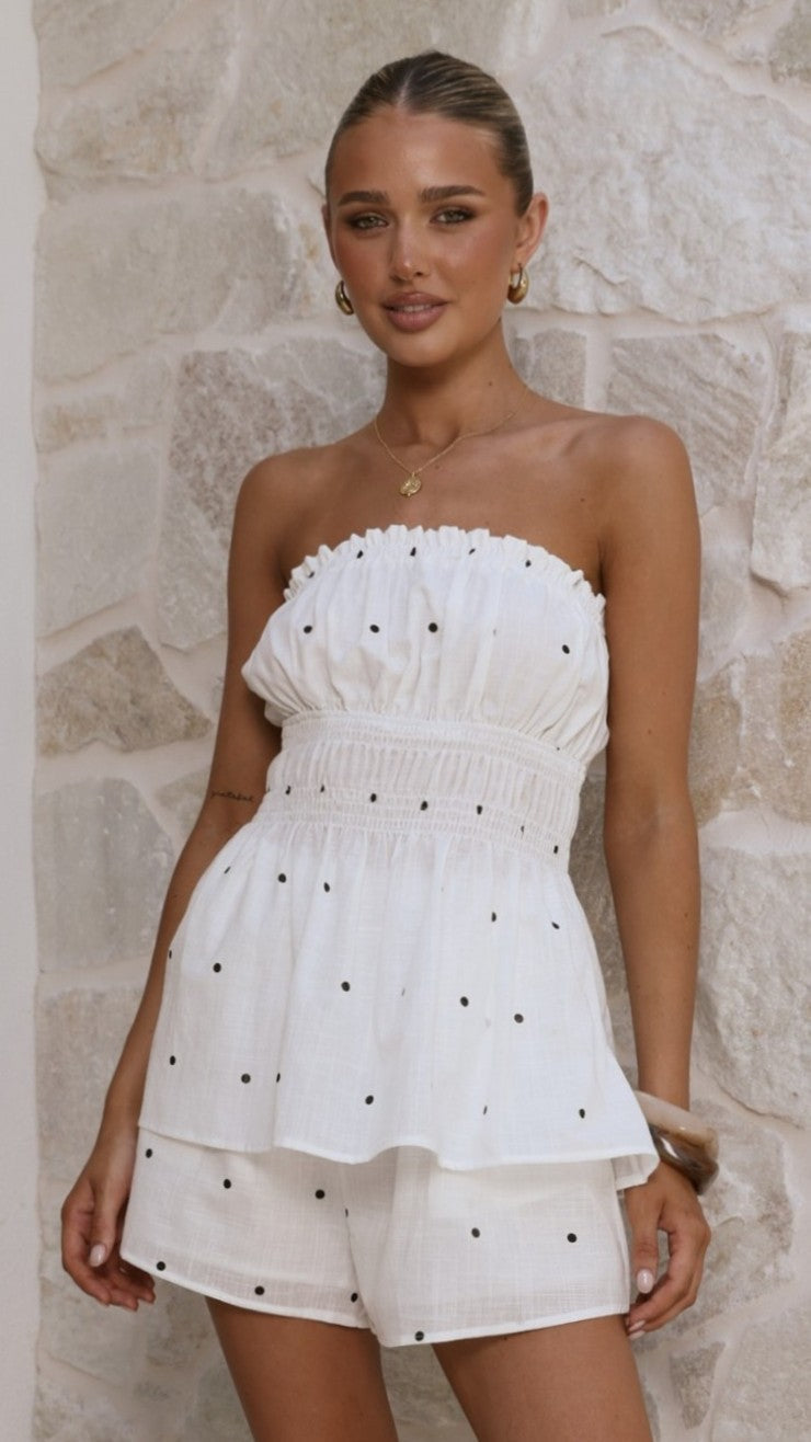 Ziva Strapless Top and Shorts Set - White Polka
