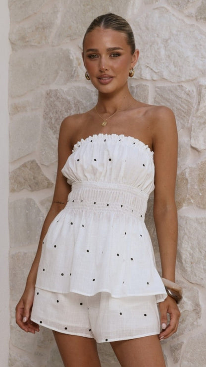 Ziva Strapless Top and Shorts Set - White Polka