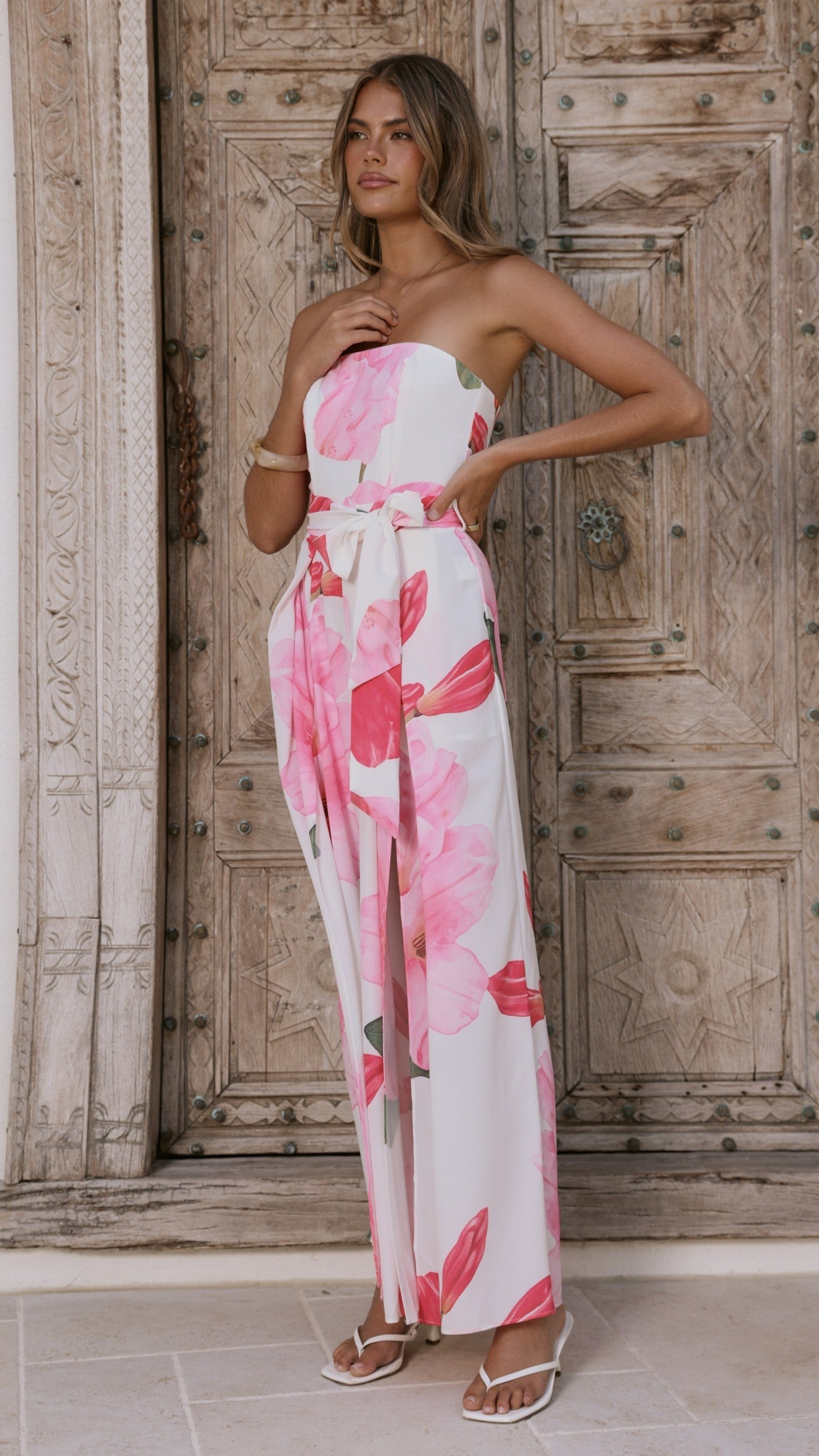 Carson Front Split Strapless Jumpsuit - Pink Floral