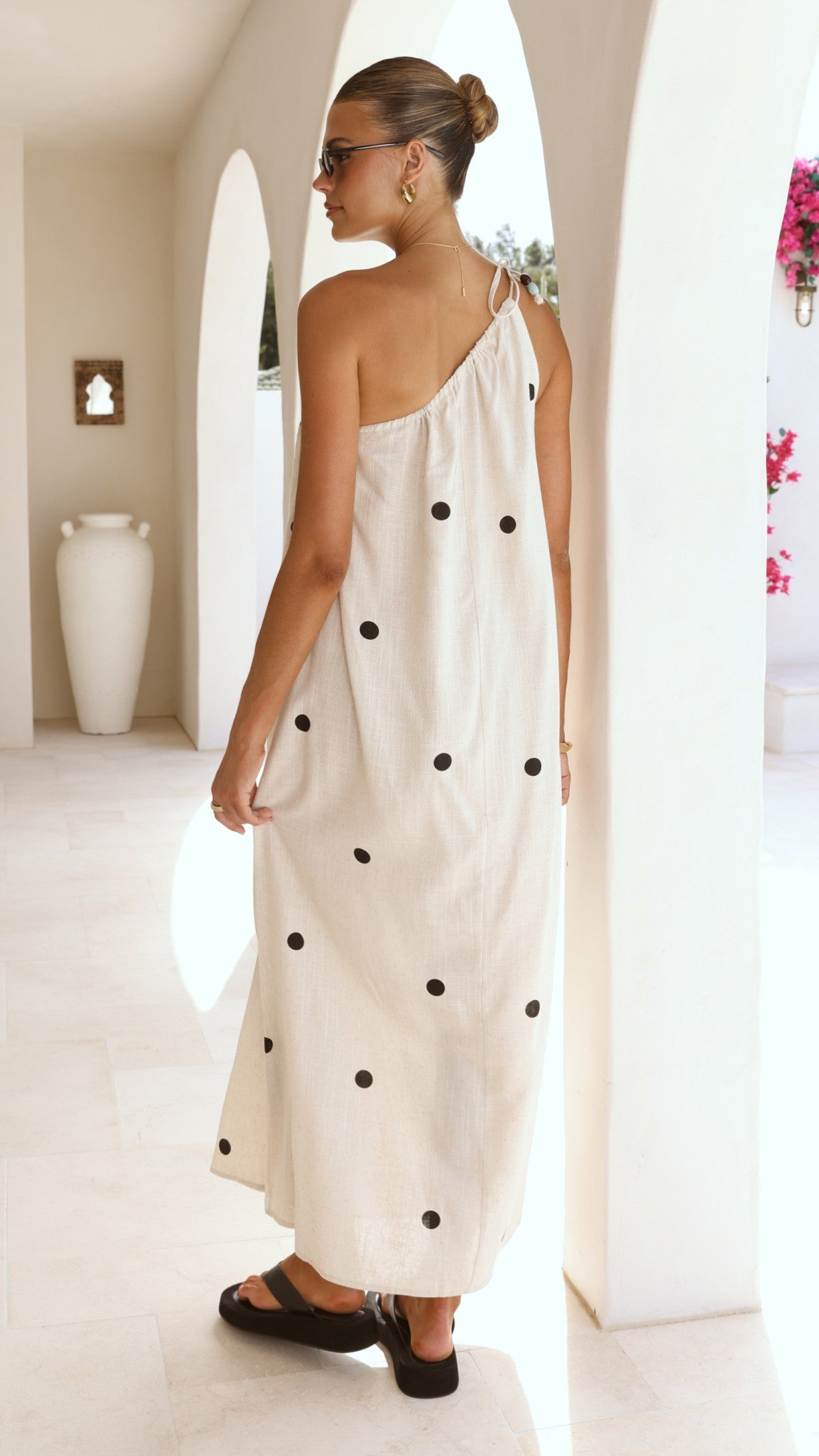 Nasira One Shoulder Maxi Dress - Oat/Black Polka Dot