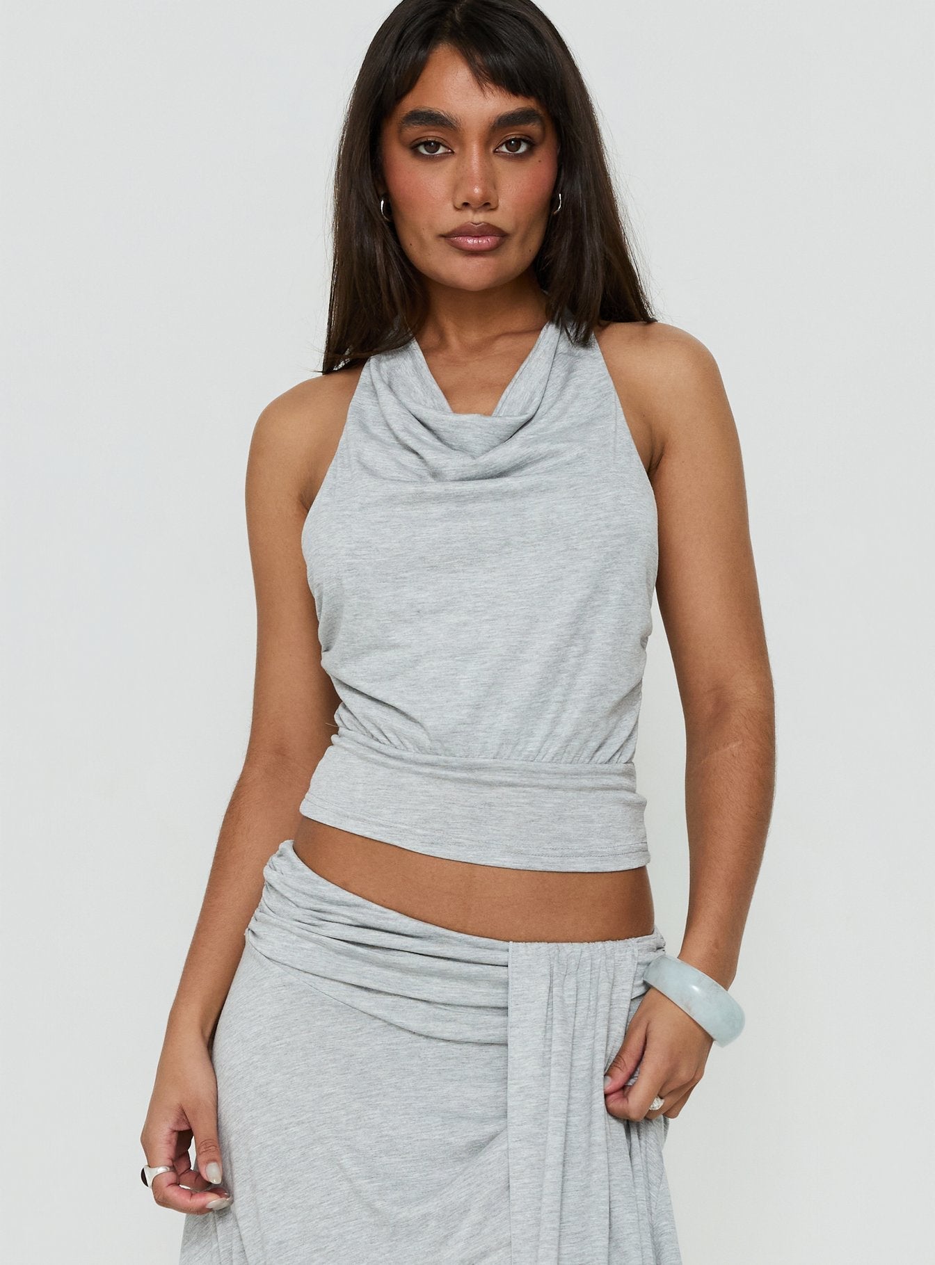 Adreana Halter Jersey Top Grey Marle