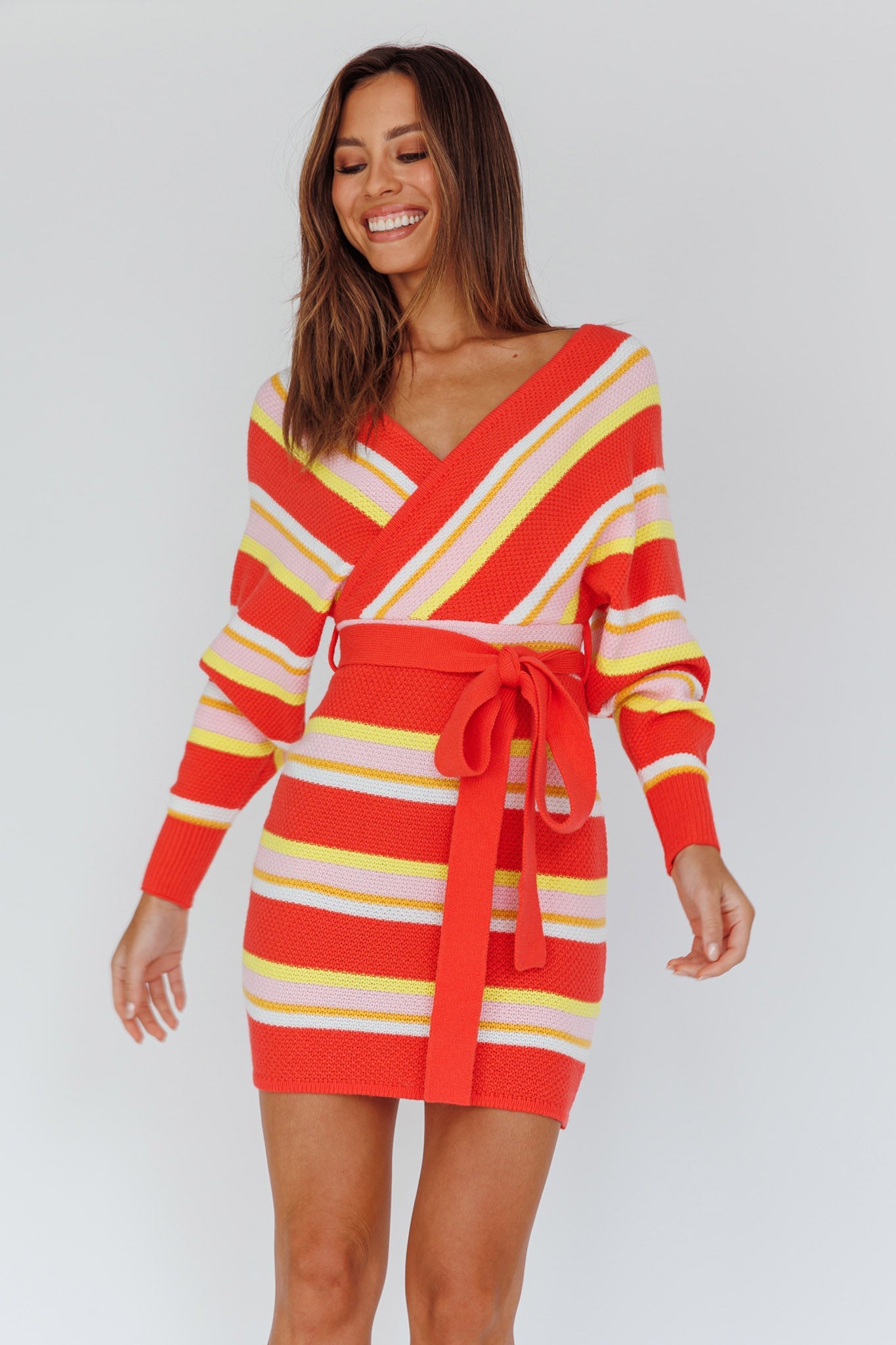 Cameo Batwing Knit Dress Striped Pink