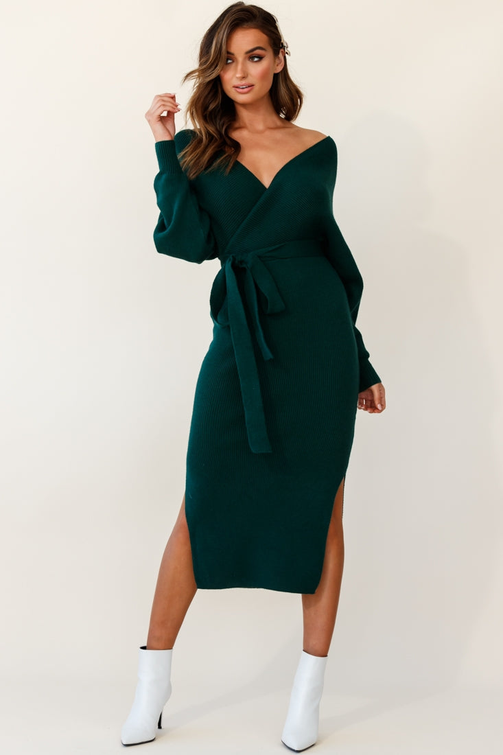 Cameo Batwing Knit Midi Dress Forest Green