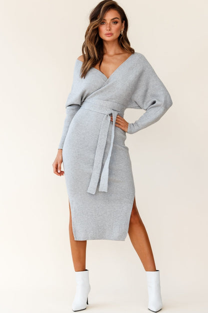 Cameo Batwing Knit Midi Dress Grey