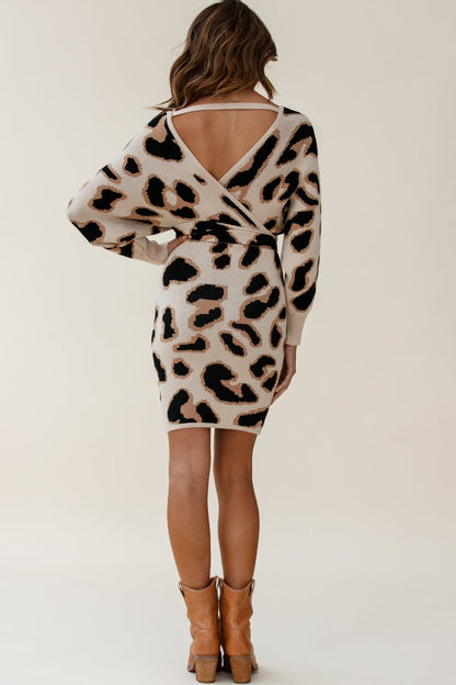 Cameo Batwing Knit Dress Animal Print Beige