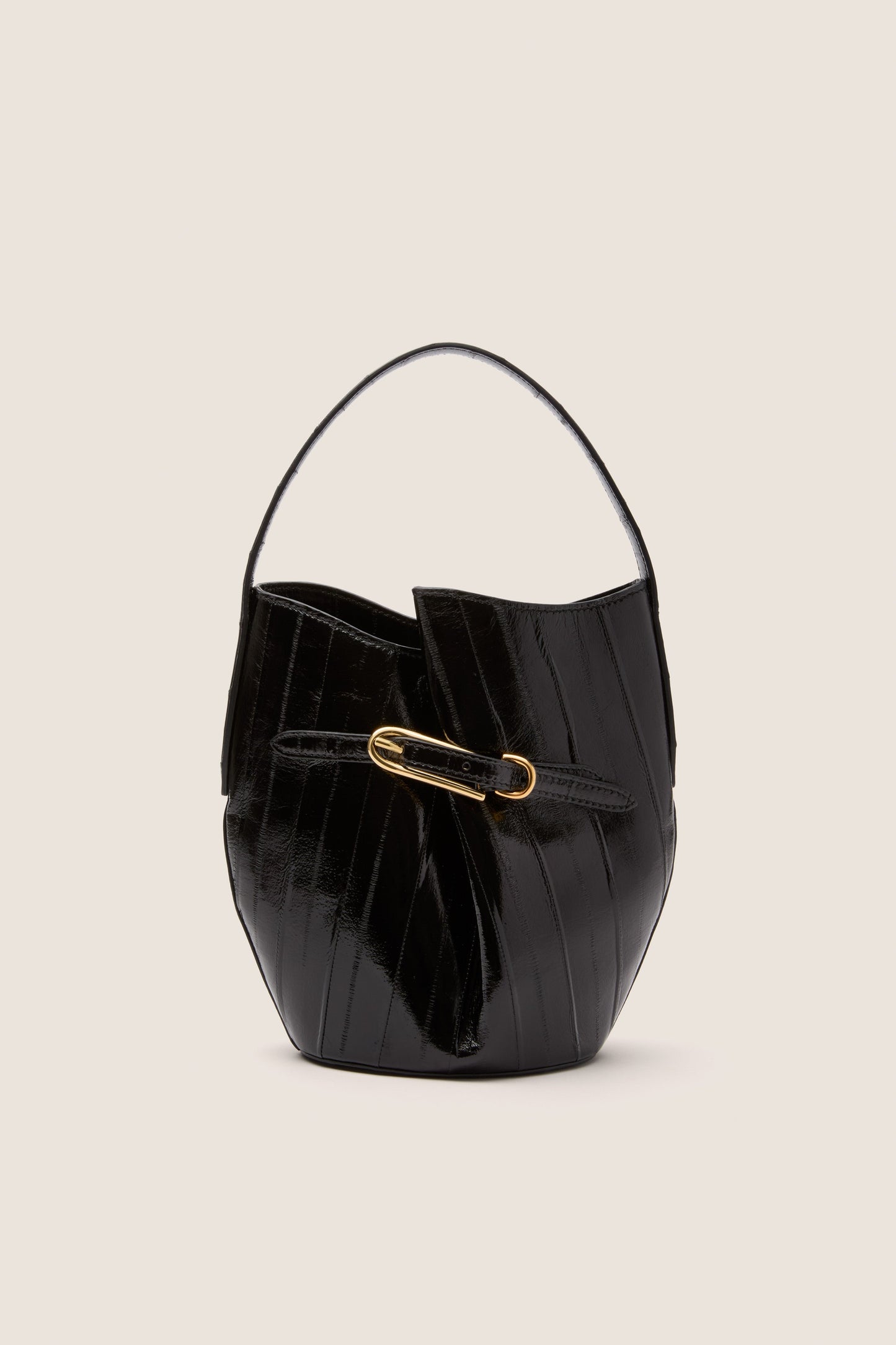 Black Eel Skin Mini Belted Bucket Bag