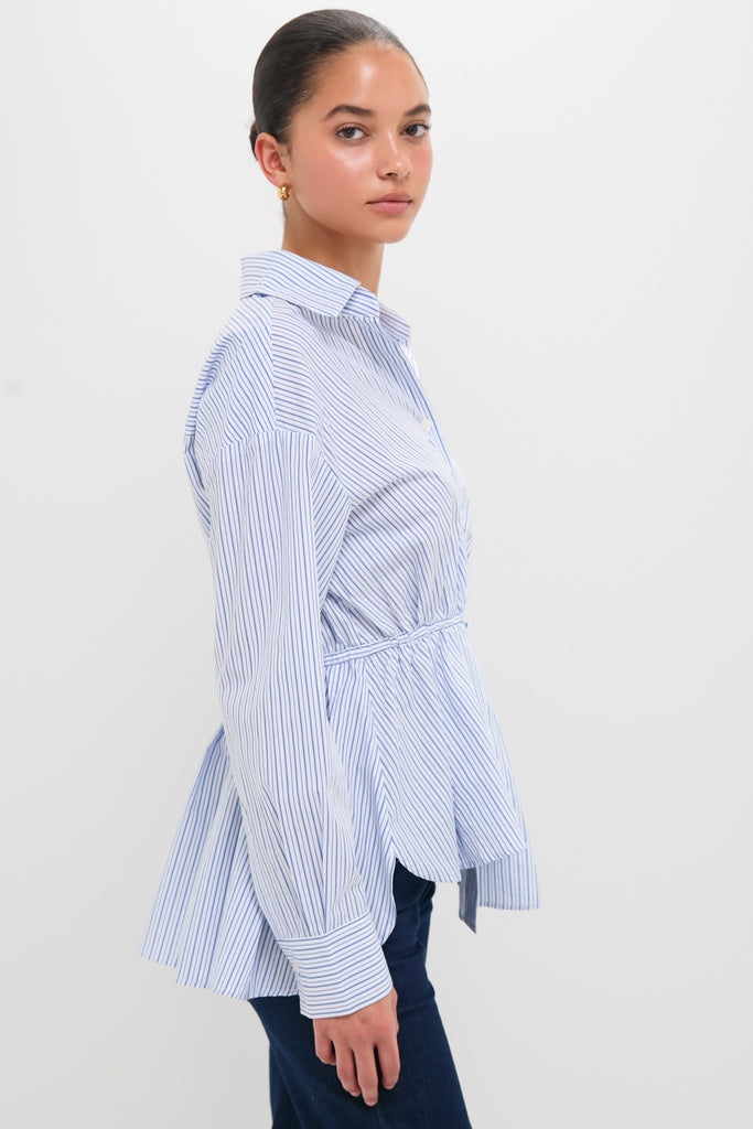 Blue Stripe Falling Off the Shoulder Shirt