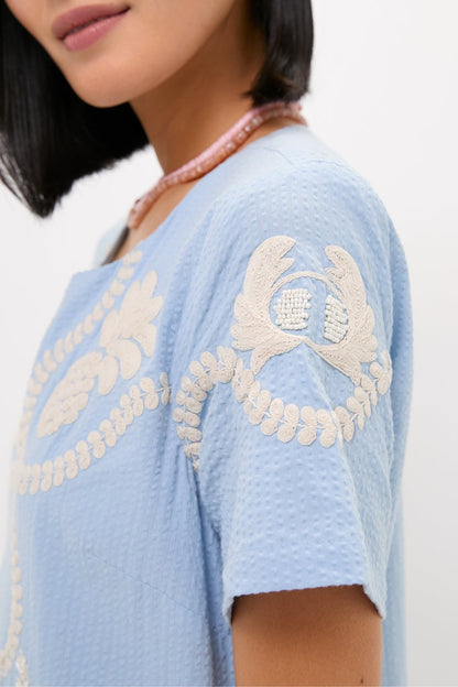 Blue Seersucker Embroidered James Dress
