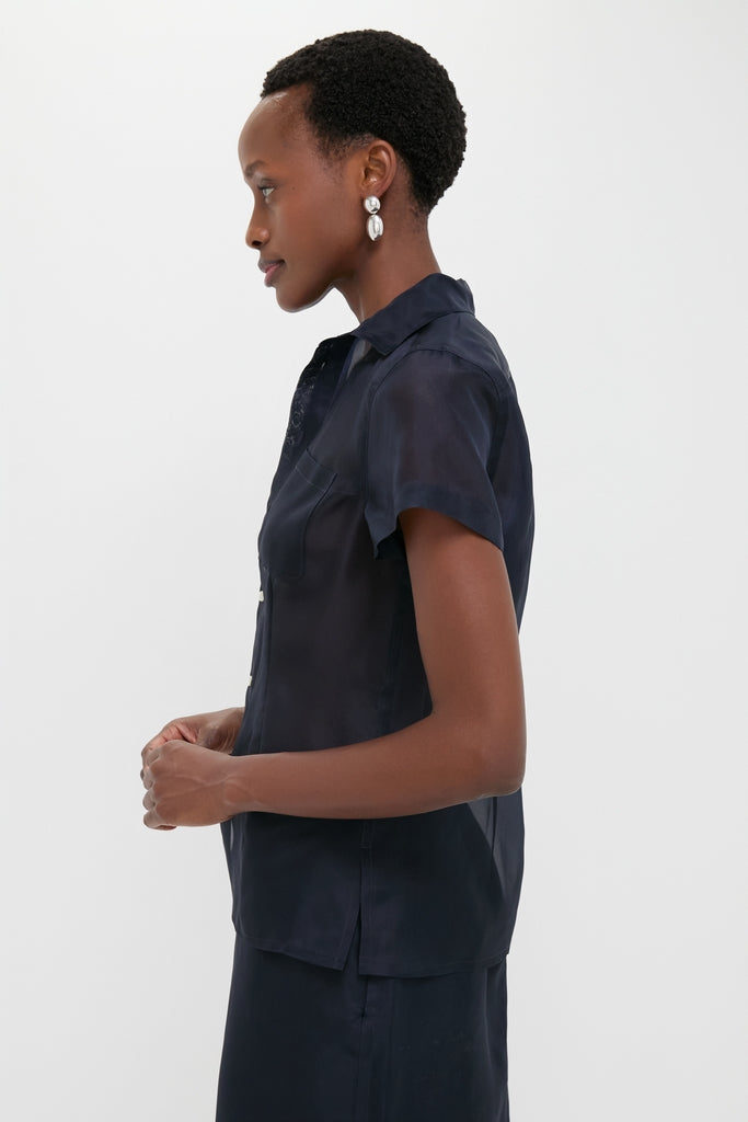 Atlantic Silk Organza Woven Short Sleeve Button Down