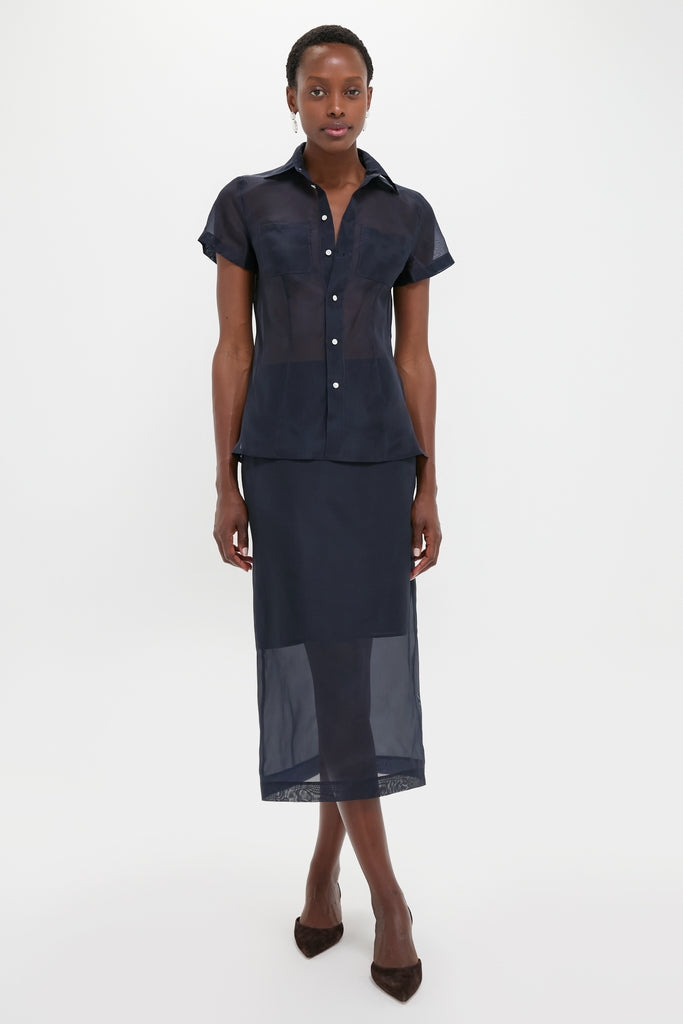 Atlantic Silk Organza Woven Short Sleeve Button Down