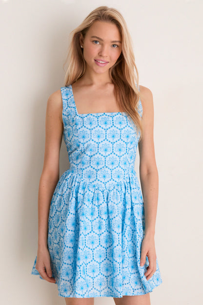 Blue Palm Eyelet Blair Mini Dress